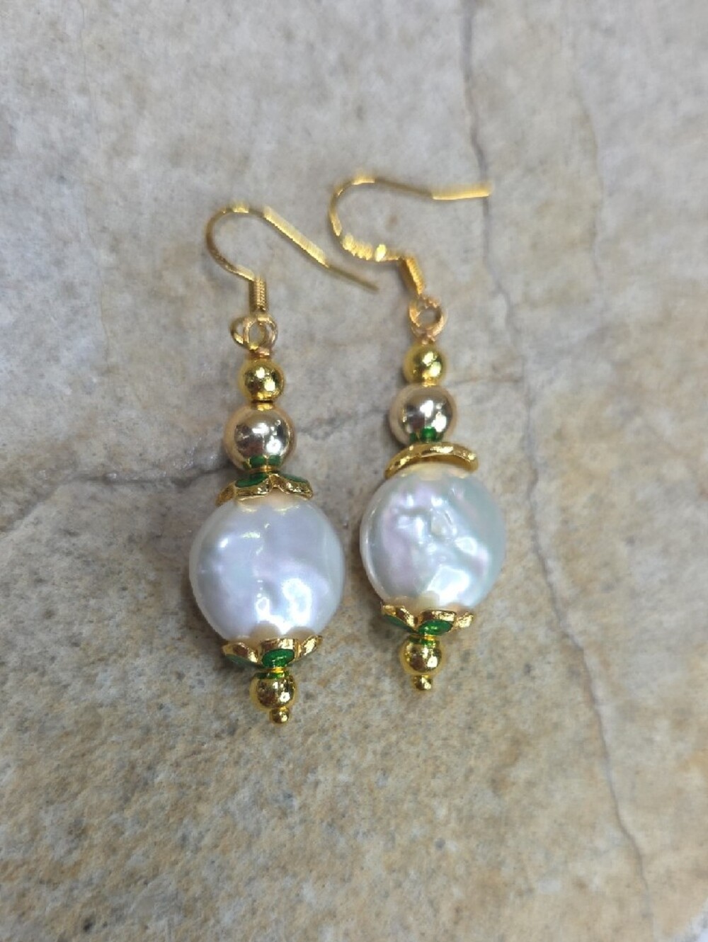 Gold and White Pearl Drop 925 Earrings - Enamel Flower Caps Women Jewelry